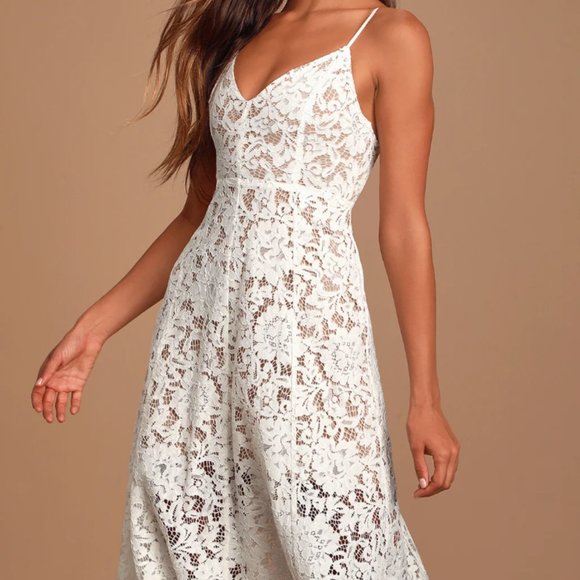 Lulu's Women's Dress One Wish Lace Midi V Neck Spaghetti Strap Sleeveless White - Picture 2 of 6